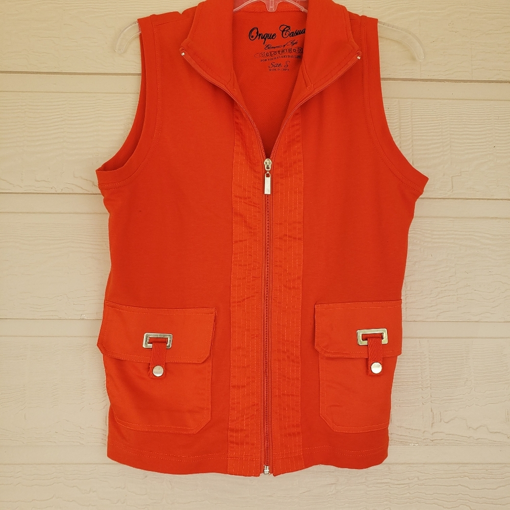 Onque Casuals Woman’s Vest Orange Red Vest Zipper Tab Pockets Sport Coll…
